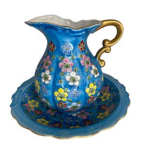 Vintage Mini Pitcher & Bowl Wash Basin Japan Blue & gold w/ emboss floral